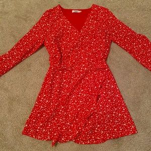 Red and white floral wrap romper, Daphnea paris, ruffles and button, size S